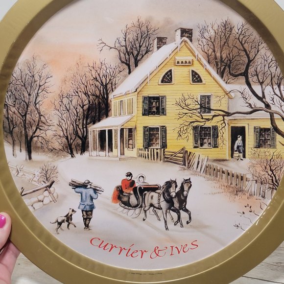 Vintage Currier And‎ Ives Tin Tray Circle 13" Serving - Picture 4 of 7